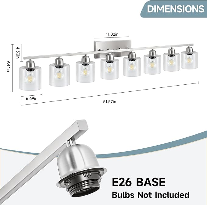 Modern Brushed Nickel 8 Light Bathroom Light Fixtures,52 inch Vanity Lights with Clear Glass, Bathroom Light Fixture for Mirror Kitchen Living Room Hallway Cabinet Porch