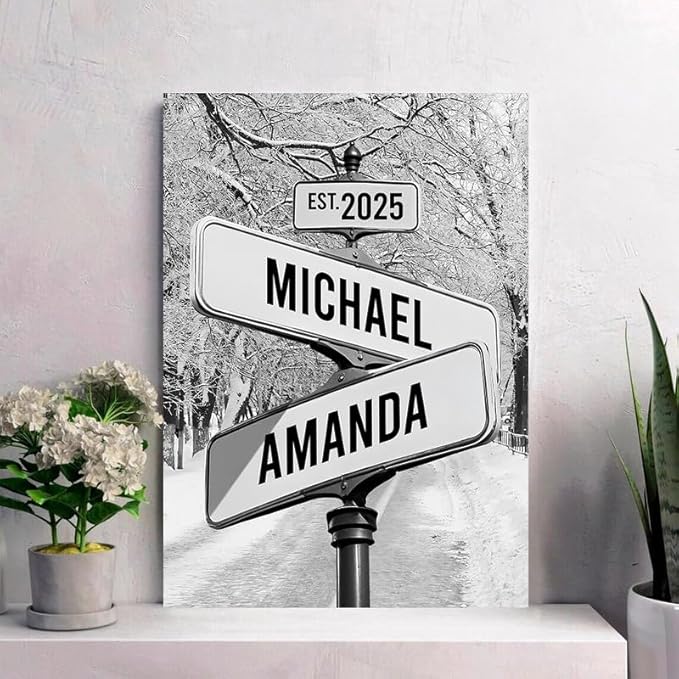 Personalized Canvas Vintage Street Sign For Couples, Crossroads Street Sign For Сouple, Custom Name And Date Poster, Christmas Gifts For Her/Him, Valentines Day Gift For Girlfriend/Boyfriend #19