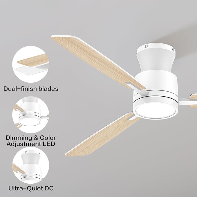 Ceiling Fans with Lights,52 Inch,Quiet Reversible Motor,Easy to Install,6 Speeds,Dimmable,Timer,White Low Profile Ceiling Fan for Bedroom Living Room,Kitchen,Indoor/Outdoor
