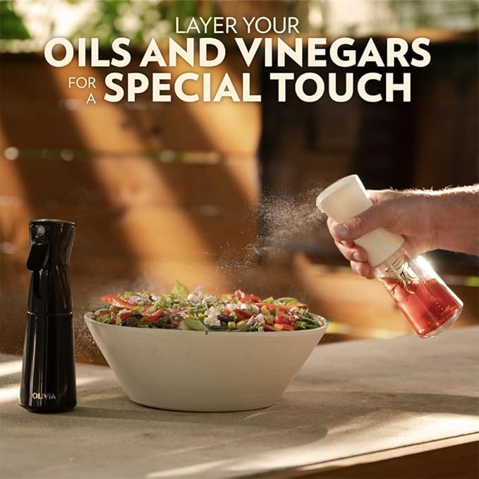 FLAIROSOL OLIVIA Oil Sprayer for Cooking, 200ml Glass Olive Oil Sprayer, Continuous Cooking Spray Dispenser with Portion Control for Kitchen, Air Fryer, Salad, BBQ (Black Bottle, Gold Print)