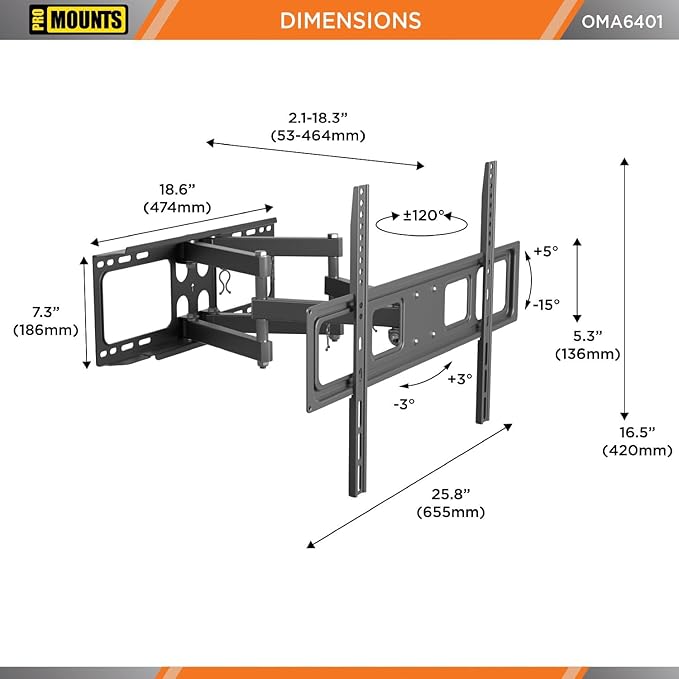 ProMounts Articulating/Full Motion Heavy Duty TV Wall Mount for 37-92 Inch LED, LCD Plasma Flat and Curved TV Screens, Holds Up to 88 lbs Max VESA 600x400