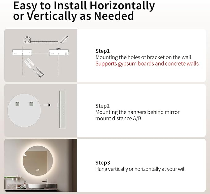 Round LED Bathroom Mirror with Light, Backlit Mirror for Bathroom, Frameless LED Smart Vanity Mirror with 3 Color Lights, Anti-Fog, Smart Touch Button, Shatter-Proof, IP65, 90+ CRI (32" L x 32" W)