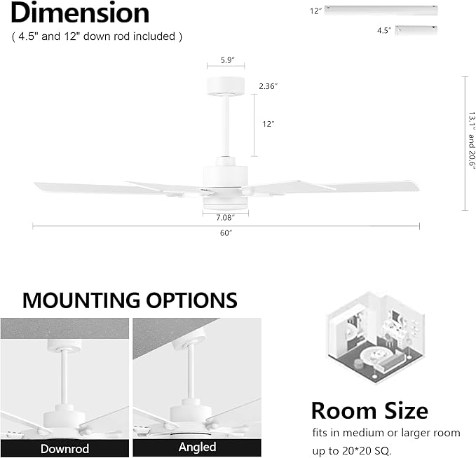 ELEHINSER 60 Inch Ceiling Fan with Lights and Remote Control, 8 Plywood Blades, 6-Speed Noiseless Reversible DC Motor, 3CCT, Windmill Ceiling fan for Kitchen Bedroom Living Room, Gloss White