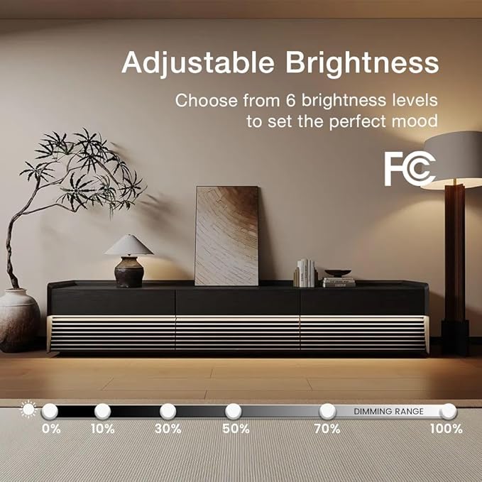 POVISON Fully-Assembled Mid Century Modern TV Stand, 94.49" Wood Media Console with Adjustable LED Light, Entertainment Center with Storage for Living Room