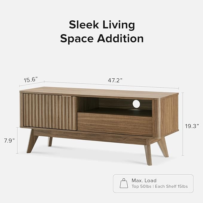 mopio Brooklyn Mid-Century Modern TV Stand, for TVs up to 50” / 59" Waveform Panel, Sleek Curved Profile with Adjustable Shelf and Sturdy Box Frame Leg (Natural Walnut, 47")