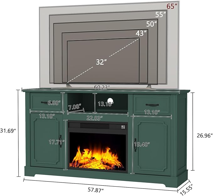 ARTPOWER Fireplace TV Stand for TV up to 65'', Consoles Cabinet with Adjustable Shelves, Modern Entertainment Center with Storage for Living Room, Green