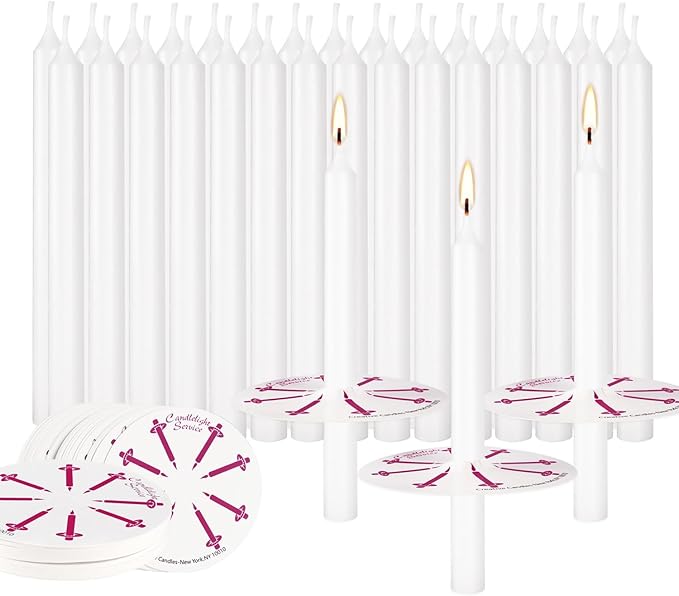100 Church Candles with Drip Protectors for Devotional Candlelight Vigil Service, Box of 100 Candles, Unscented White 5" H X 1/2" D, No Smoke