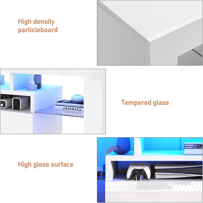 TV Stand with 16 Color LED Lights, Media Console with Drawer and Glass Open Shelf for 65/75/85 inch TV, Modern Gloss Entertainment Center for Living Room Bedroom, White