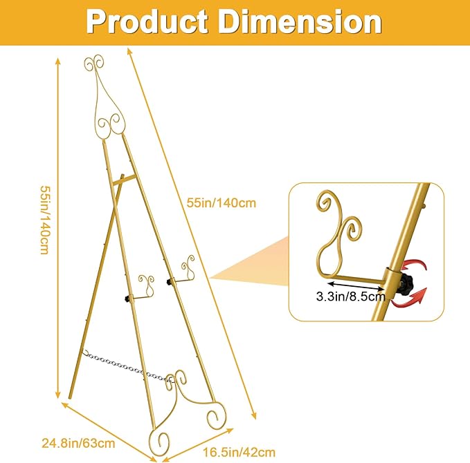 1 PC Easel Stand for Sign, Metal Poster Easel Holder, Adjustable Wedding Sign Stand with Chain Support for Display, Party Painting, Gold.