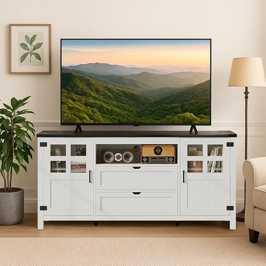 65 Inch TV Stand, Entertainment Center with Storage Cabinets, Mid Century Modern TV Console, Fits TVs up to 75" for Living Room & Bedroom (Classical White)