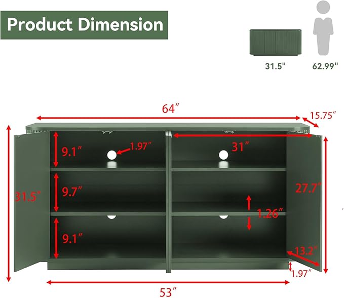 64" Sideboard Buffet Cabinet with Storage, Modern Fluted Accent Credenza with Adjustable Shelves, Wood Media Console Coffee Bar Table for Living Room Kitchen Dining Room, 31.5" H, Green