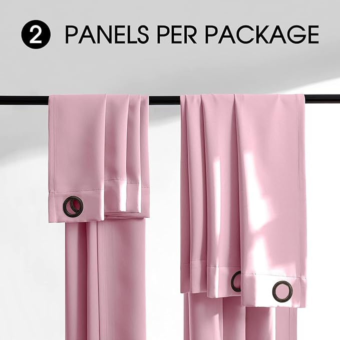 100% Blackout Curtain 2 Panels , Heat and Full Light Blocking Drapes with Grommets for Bedroom, Thermal Insulated Window Treatment Drapes for Living Room (Pink, 52Wx45L)