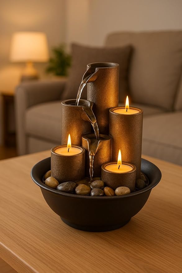 Alpine Corporation WCT202 Indoor Tabletop Tiered Water Fountain Featuring 3 Candles for Desktop and Table, 11", Brown