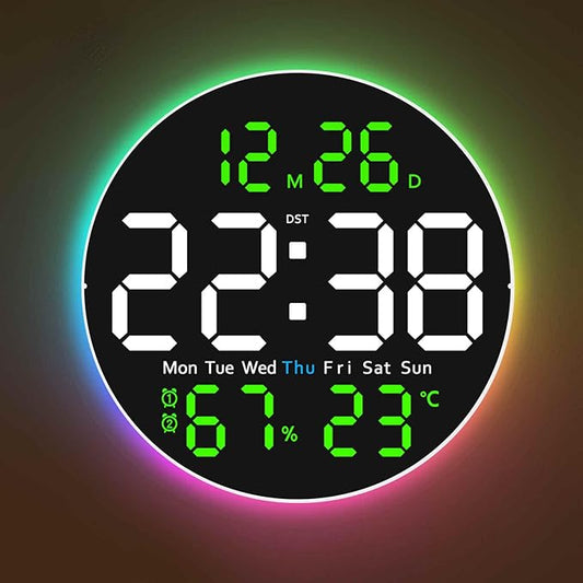10 Inch Large Digital Wall Clock with 9 Color Changing Remote Control, Date Week Temperature, Auto Brightness Dimmer Big Clock with Night Lights,Green