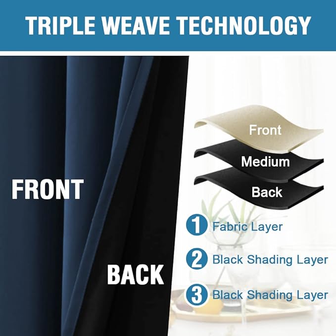 100% Blackout Curtains Thermal Insulated Full Blackout Curtains for Living Room Energy Efficiency Window Curtain Drapes for Bedroom with Black Liners (1 Panel, 52x84 inch, Navy)