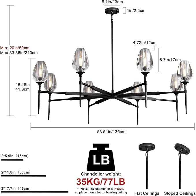Modern Crystal Tulip Chandelier 8 Lights Black, 54in Gold Round K9 Crystal Chandelier,Pendant Ceiling Light for Dining Living Room Bedroom Entryway, E12 Bulbs Included