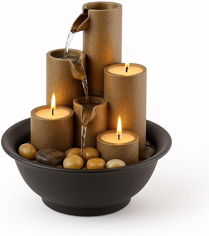Alpine Corporation WCT202 Indoor Tabletop Tiered Water Fountain Featuring 3 Candles for Desktop and Table, 11", Brown