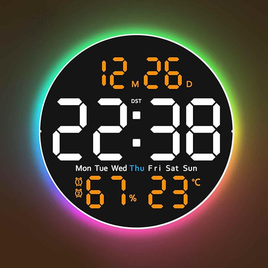 10 Inch Large Digital Wall Clock with 9 Color Changing Remote Control, Date Week Temperature, Auto Brightness Dimmer Big Clock Night Lights,Orange