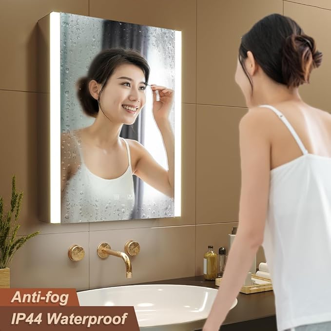 KWW LED Lighted Bathroom Medicine Cabinet with Sockets & USBs, Defogger, Dimmable, 3 Color Light Makeup Mirror, Easy to Install, Wall Mounted Cabinet (Left Hinge, 21 * 28)