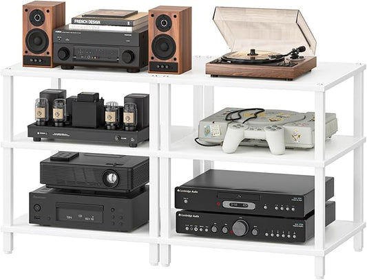 LELELINKY 3-Tier AV Media Player Stand Set of 2, White Stereo Cabinet, Wooden TV Stand,Game Console Shelf, Multifunctional Entertainment Center, Suitable for Home, Conference Room, Game Studio