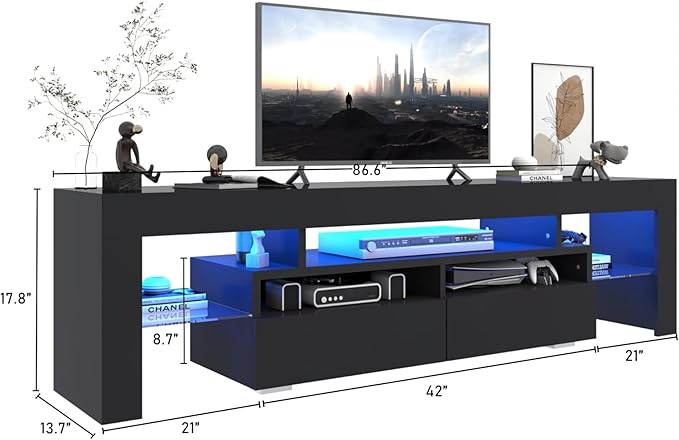 TV Stand with 16 Color LED Lights, Media Console with Drawer and Glass Open Shelf for 90/100 inch TV, Modern Gloss Entertainment Center for Living Room Bedroom, Black