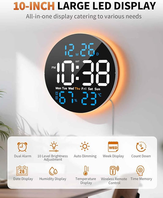10 Inch Large Digital Wall Clock with 9 Color Changing Remote Control, Date Week Temperature, Auto Brightness Dimmer Big Clock with Night Lights,Blue
