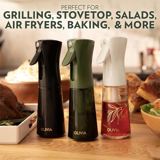 FLAIROSOL OLIVIA Oil Sprayer for Cooking, 200ml Glass Olive Oil Sprayer, Continuous Cooking Spray with Portion Control, Oil Dispenser for Kitchen, Air Fryer, Salad, BBQ (Green Bottle, Gold Print)