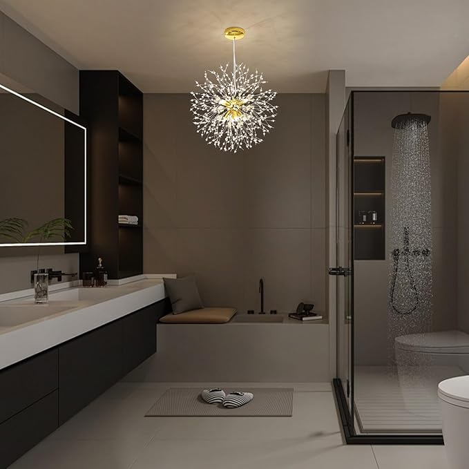 Qamra Modern Gold Crystal Chandeliers, Firework Dandelion Sputnik Chandelier Light Fixture Pendant Lighting for Living Room, Dining Room, Bedroom, Kitchen(8-Light, Gold)