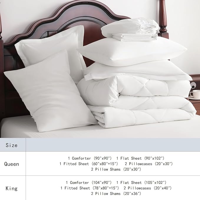NTBAY Queen Comforter Set with Sheets, 7 Pieces Soft and Breathable Queen Bedding Set, Bed in a Bag, Down Alternative Comforter Set Solid Color All Season, Queen Bedding Set, White