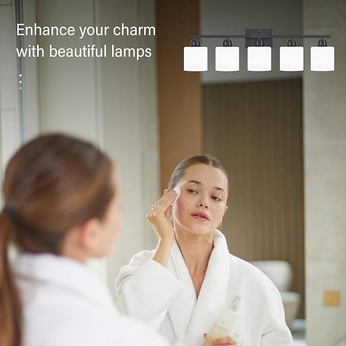 5-Light Black Bathroom Vanity Light, Black Vanity Light with Milky White Frosted Glass Shades, Modern Vanity Light Fixture for Bathroom Mirror, Bedroom, Living Room, Hallway, Vanity Table, E26 Base