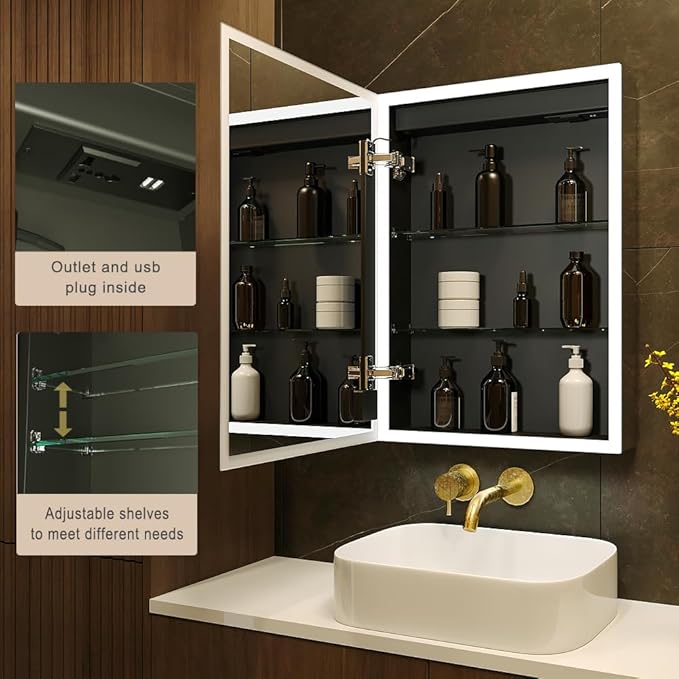 KWW LED Lighted Bathroom Medicine Cabinet with Sockets & USBs, Dimmable, 3 Color Light Makeup Mirror, Easy to Install, Wall Mounted Cabinet (Left Hinge, 19.5 * 28)