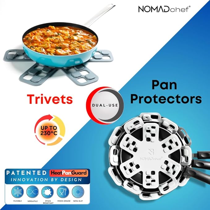 Dual-Use Silicone Pan Protectors for Stacking & Trivets for Hot Dishes | Silicone Trivet Mat | Perfect for Pot and Pan Protectors For Stacking | Cookware Protectors For Stacking (S-WHT/GREY)