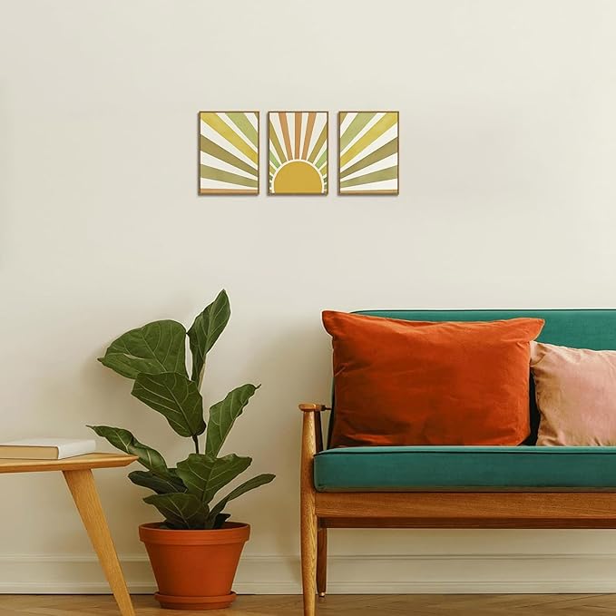 Bwodke Boho Wall Art, Framed Abstract Sunshine Wall Art, Sun Rising Neutral Canvas Wall Decor, Mid Century Geometric Pictures Set of 3, Minimalist Paintings, for Bedroom Living Room Bathroom 12"x16"