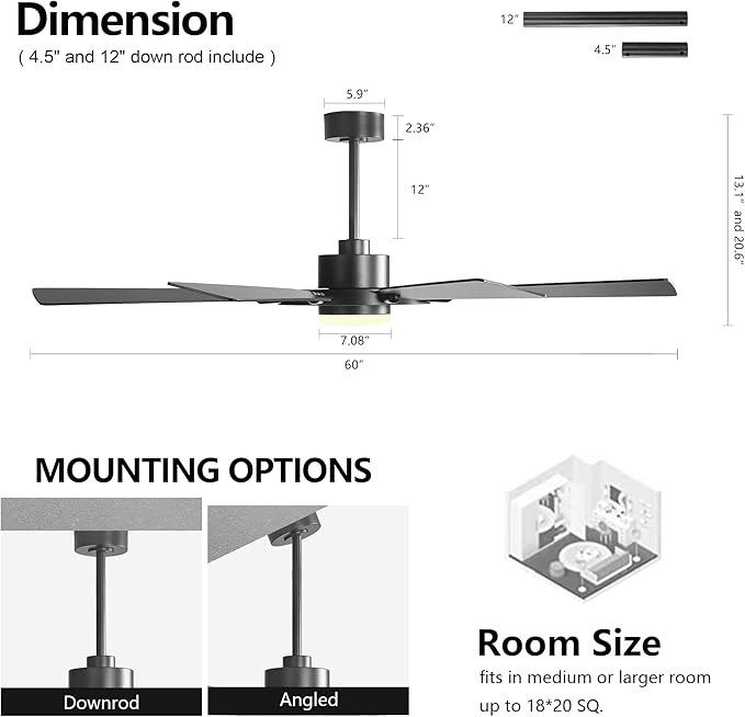 ELEHINSER 60 Inch Ceiling Fan with Lights and Remote Control, 8 Plywood Blades, 6-Speed Noiseless Reversible DC Motor, 3CCT, Windmill Ceiling fan for Kitchen Bedroom Living Room, Matte Black
