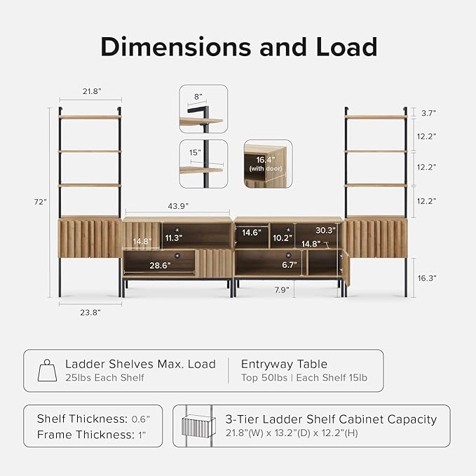 mopio Norwin 4 Piece Entertainment Center with Storage, 70" TV Stand, Industrial Modern Television Accent Cabinet, Oak Wood Media Console Table with 3-Tier Shelf Bookcase (3-Tier Display Set)
