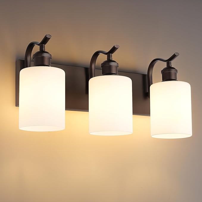 3 Light Bathroom Vanity Light, Morden Vanity Lighting Fixtures Over Mirror Oil Rubbed Bronze Bathroom Sconces Wall Lighting with Milky White Frosted Shade ZCVL01ORBW-3