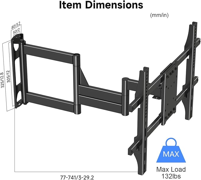 Suptek 30" Full Motion TV Mount for 32-82" TVs, 132 lbs max, VESA 600x400mm. Swivel, tilt & Corner fit. Heavy Duty for LED/OLED/QLED. Model MA1078M