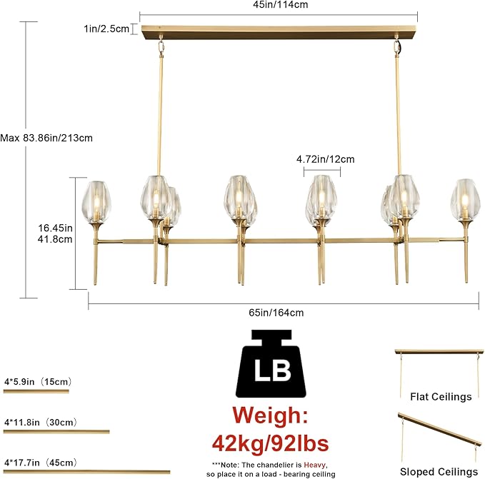 Modern Crystal Chandelier 10 Lights Brass, 65in Gold Rectangle Tulip K9 Crystal Chandeliers, Large Chandelier Ceiling Light for Dining Living Room Bedroom Entryway, E12 Bulbs Included