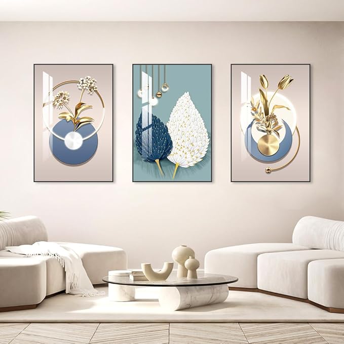 MPLONG Abstract Modern Minimalist Natural Framed Decorative Painting - Large Size Wall Art Set of 3 Wall Decor for Living Room, Bedroom, Dining Room, Office, etc. (Blue, 20 "X 28" X 3 pieces)