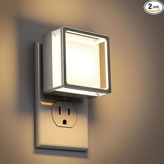 DORESshop Night Light, Night Lights Plug into Wall,2 Pack 3000K LED Nightlight with Adjustable Brightness, Automatic Night Light Plug in with Light Sensor for Bathroom Hallway Room Decor, Silver
