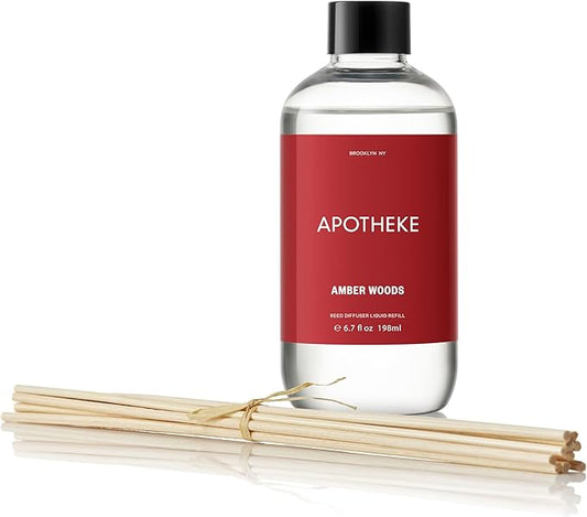Apotheke Luxury Scented Oil Reed Diffuser Liquid Refill (Amber Woods) - Premium Home Fragrance Diffuser Refill Set with Sticks
