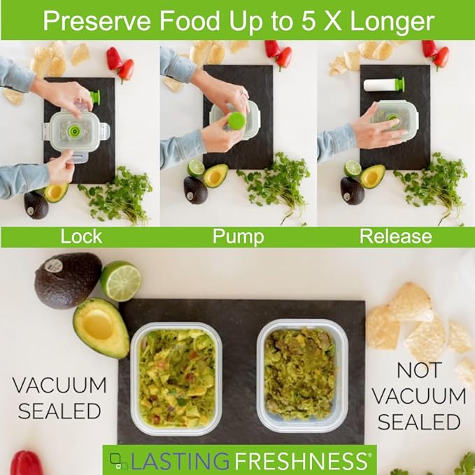 Lasting Freshness BPA-Free Plastic Vacuum Seal Containers with Hand Pump – Airtight Food Storage, Meal Prep & Pantry Organization, Preserves Freshness 5X Longer, 11-Piece Set