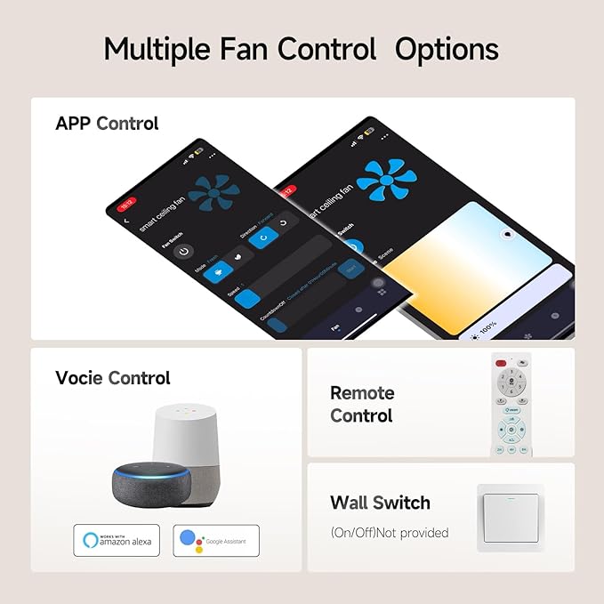 Ceiling Fans With Lights,52 Inch Smart Ceiling Fan, Remote/App Control, Compatible with Alexa/Google Assistant,Reversible,Dimmable,Adjustable Color Temperature,6 Speeds,Timer(White)