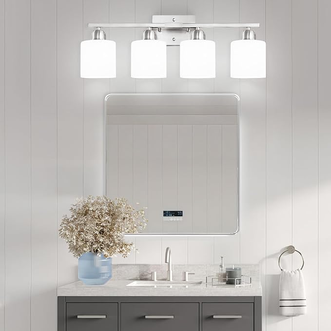 4 Light Bathroom Light Fixtures, Brushed Nickel Vanity Lights for Bathroom with Milky White Frosted Glass Shade, Wall Lights for Mirror Bedroom Living Room E26 Base