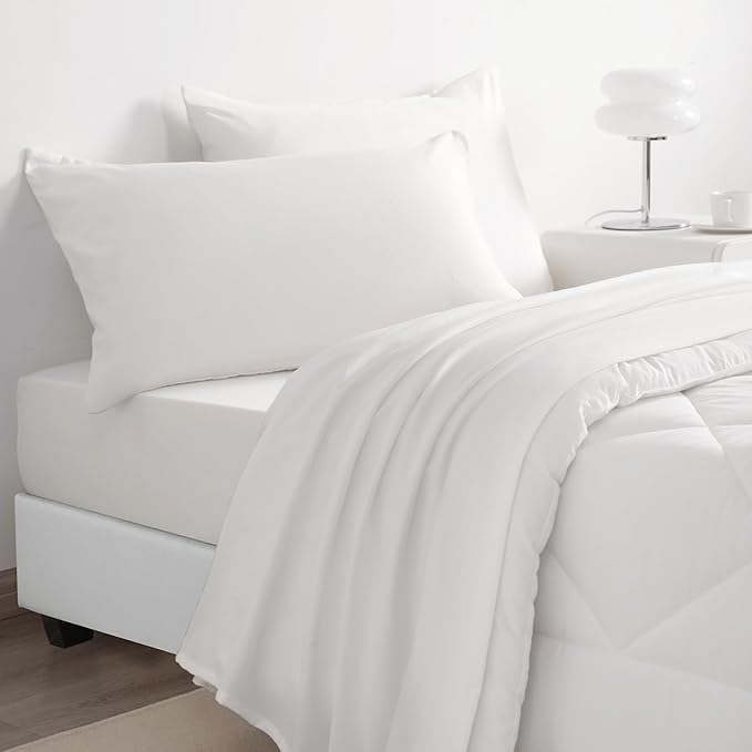 NTBAY Twin Comforter Set with Sheets, 5 Pieces Soft and Breathable Twin Bedding Set, Twin Bed in a Bag, Down Alternative Comforter Set Solid Color All Season, Kids Bedding Set, White