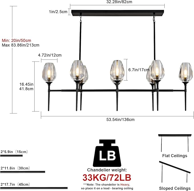 Modern Crystal Large Chandeliers 8 Lights Black, 52in Black Rectangle Tulip K9 Crystal Chandelier, Pendant Ceiling Light for Dining Living Room Bedroom Entryway over Table, E12 Bulbs Included