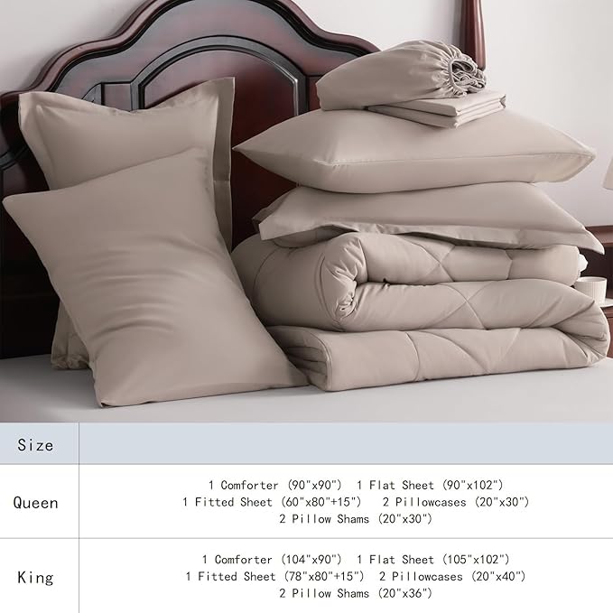 NTBAY King Comforter Set with Sheets, 7 Pieces Soft and Breathable King Bedding Set, Bed in a Bag, Down Alternative Comforter Set Solid Color All Season, King Bedding Set, Taupe