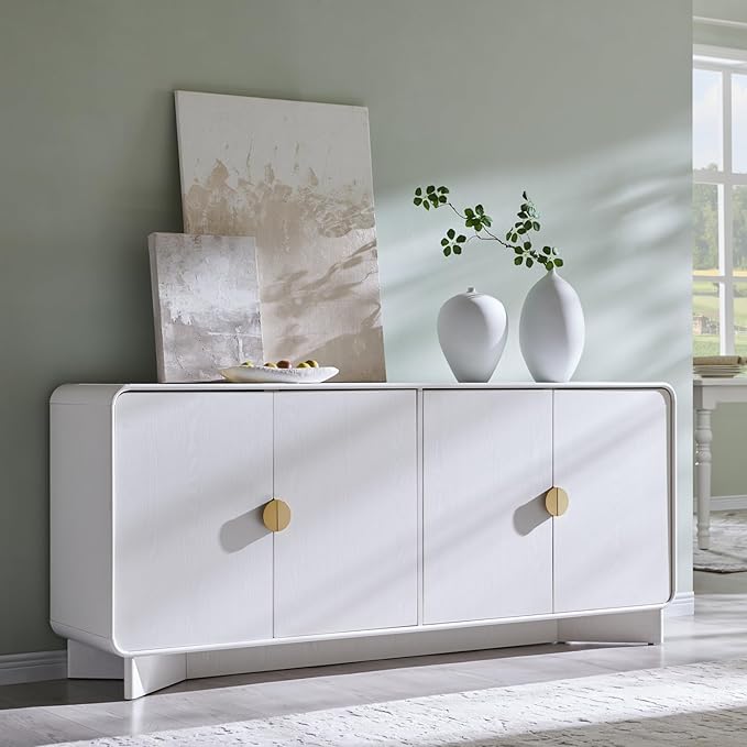 Modern Buffet Cabinet with Storage, 70" Large Sideboard Buffet Storage Cabinet with 4 Doors and Adjustable Shleves, Wooden Curved Coffee Bar for Dining Room, Kitchen, Living Room, White