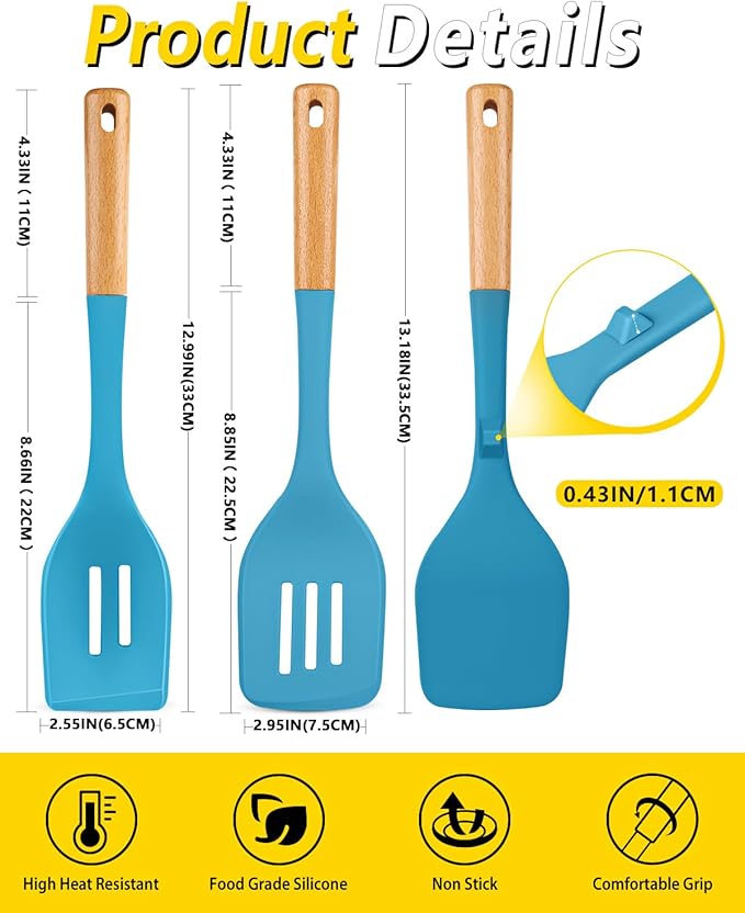 Pack of 4 Silicone Kitchen Utensils Set, Non Stick Solid Spatulas and Heat Resistant Slotted Spoons with Wooden Handle, Ideal BPA Free Cooking Utensils for Mixing,Serving,Turning,Stirring(BLUE)