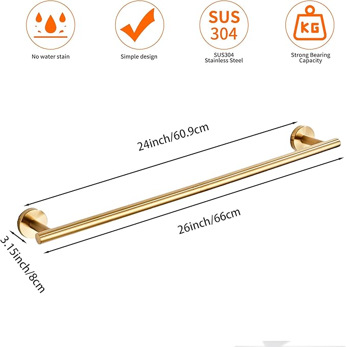 Bath Towel Bar, 24 Inch 304 Stainless Steel Thicken Towel Holder for Bathroom Wall, Towel Holder Brushed Gold Finished Wall Mount(Total Length 26-Inch)